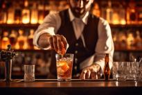 Bartender garnishing cocktail in front of a backlit full bar of spirits